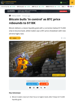 Bitcoin Price Reclaims $118K Liquidity as BTC Traders Hope For New Highs Next