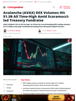 Avalanche (AVAX) DEX Volumes Hit $1.3B All Time-High Amid Scaramucci-led Treasury Fundraise - Coinspeaker