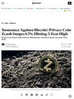 'Insurance Against Bitcoin': Privacy Coin Zcash Surges 63%, Hitting 3-Year High - Decrypt