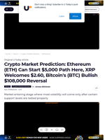 Crypto Market Prediction: Ethereum (ETH) Can Start $5,000 Path Here, XRP Welcomes $2.60, Bitcoin's (BTC) Bullish $108,000 Reversal - U.Today