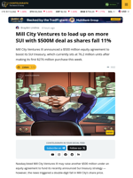 Mill City Raises Another $500 Million For SUI Treasury