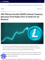 MEI Pharma Unveils $100M Litecoin Treasury, Becomes First Public Firm To Hold LTC As Reserve