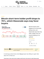 Bitcoin short-term holder profit drops to 70%, which Glassnode says may favor buyers