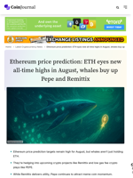 Ethereum price prediction: ETH eyes new all-time highs in August, whales buy up Pepe and Remittix - CoinJournal