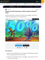 Ethereum's 50% rally setup vs. Bitcoin sparks altseason hopes
