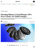 Morning Minute: Circle Plunges 20% Over Clarity Act Yield Changes - Decrypt