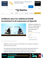 SoftBank aims for additional $30B investment in AI expansion at OpenAI