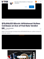 $75,618,633 Bitcoin Withdrawal Strikes Coinbase on Eve of Fed Rate Verdict - U.Today