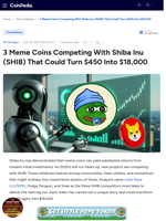 3 Meme Coins Competing With Shiba Inu (SHIB) That Could Turn $450 Into $18,000