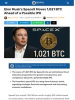 Elon Musk’s SpaceX Moves 1,021 BTC Ahead of a Possible IPO