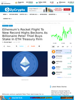 Ethereum’s Rocket Flight To New Record Highs Beckons As Billionaire Peter Thiel Buys Stake In ETH Treasury Firm ⋆ ZyCrypto