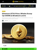 Ethereum (ETH) Price: Whales Scoop Up $360M as Breakout Looms - CoinCentral