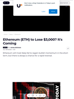 Ethereum (ETH) to Lose $3,000? It's Coming - U.Today