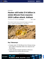 Hacker still holds $14 billion in stolen Bitcoin from massive 2020 LuBian attack: Arkham