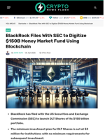 BlackRock Files With SEC to Digitize $150B Money Market Fund Using Blockchain