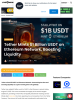 Tether Mints $1 Billion USDT on Ethereum Network, Boosting Liquidity | Live Bitcoin News