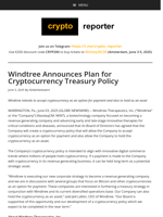 Windtree Announces Plan for Cryptocurrency Treasury Policy