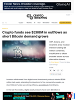 Crypto funds see $288M in outflows as short Bitcoin demand grows