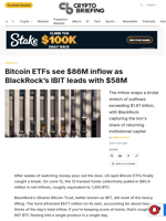Bitcoin ETFs see $86M inflow as BlackRock's IBIT leads with $58M