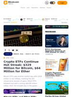 Crypto ETFs Continue Hot Streak: $329 Million for Bitcoin, $64 Million for Ether – Bitcoin News