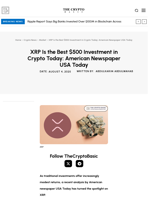 XRP Is the Best $500 Investment in Crypto Today: American Newspaper USA Today