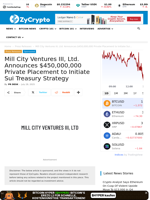 Mill City Ventures III, Ltd. Announces $450,000,000 Private Placement to Initiate Sui Treasury Strategy