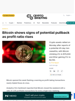 Bitcoin shows signs of potential pullback as profit ratio rises