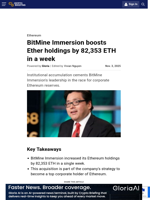 BitMine Immersion boosts Ether holdings by 82,353 ETH in a week