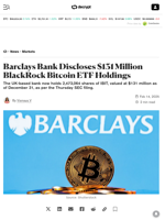 Barclays Bank Discloses $131 Million BlackRock Bitcoin ETF Holdings - Decrypt