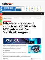 Bitcoin ends record month at $115K with BTC price set for 'vertical' August - The Crypto News Wire