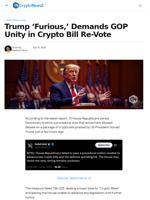 Trump ‘Furious,’ Demands GOP Unity in Crypto Bill Re-Vote