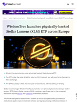 WisdomTree launches physically-backed Stellar Lumens (XLM) ETP across Europe - CoinJournal