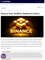 Binance Sees $6 Billion Stablecoin Inflows