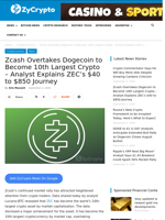 Zcash Overtakes Dogecoin to Become 10th Largest Crypto - Analyst Explains ZEC’s $40 to $850 Journey ⋆ ZyCrypto