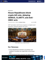House Republicans block crypto bill vote, delaying GENIUS, CLARITY, and Anti-CBDC acts