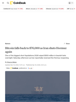 Bitcoin price: BTC falls back to $76,000 as Iran shuts Hormuz again