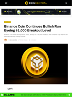 Binance Coin Continues Bullish Run Eyeing $1,000 Breakout Level