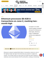 Ethereum processes $9.92B in transactions on June 2, marking two-month high