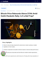 Bitcoin Price Rebounds Above $114k Amid Gold’s Parabolic Rally; Is It a Bull Trap?