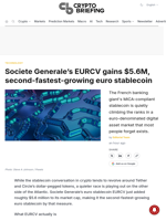 Societe Generale's EURCV gains $5.6M, second-fastest-growing euro stablecoin