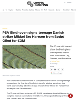 PSV Eindhoven signs teenage Danish striker Mikkel Bro Hansen from Bodø/Glimt for €3M