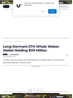 Long-Dormant ETH Whale Wakes Wallet Holding $119 Million - U.Today