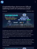 CryptoMondays Announces Official Opening Event of Consensus 2026 | Visionary Financial