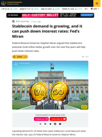 Fed's Miran Says Stablecoins May Help Lower Interest Rates