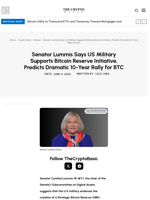 Senator Lummis Says US Military Supports Bitcoin Reserve Initiative, Predicts Dramatic 10-Year Rally for BTC