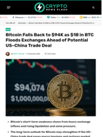 Bitcoin Falls Back to $94K as $1B in BTC Floods Exchanges Ahead of Potential US–China Trade Deal