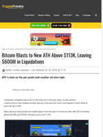 Bitcoin Blasts to New ATH Above $113K, Leaving $600M in Liquidations