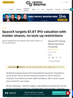 SpaceX targets $1.8T IPO valuation with insider shares, no lock-up restrictions