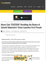 Meme Coin '$SATOSHI' Heralding the Return of Satoshi Nakamoto's Vision Launches First Presale