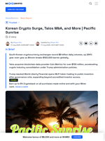 Korean Crypto Surge, Talos M&A, and More | Pacific Sunrise - BeInCrypto Korean Crypto Exchanges See 264% Trading Surge as Bitcoin Surge